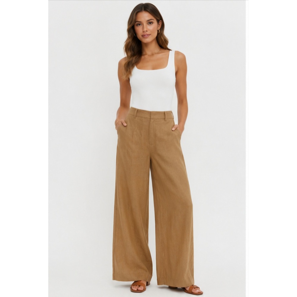 MAX STUDIO LONDON Blended Linen Wide Leg Trousers Brown XS NWT Style 4701L00